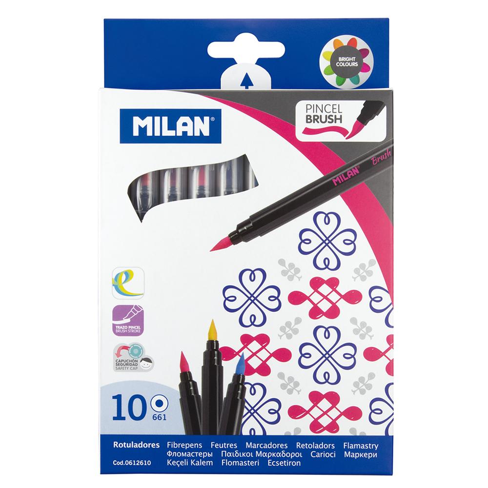 Milan Markers Waterbased Brush Tip Pens 10 Pack Assorted Colours Art