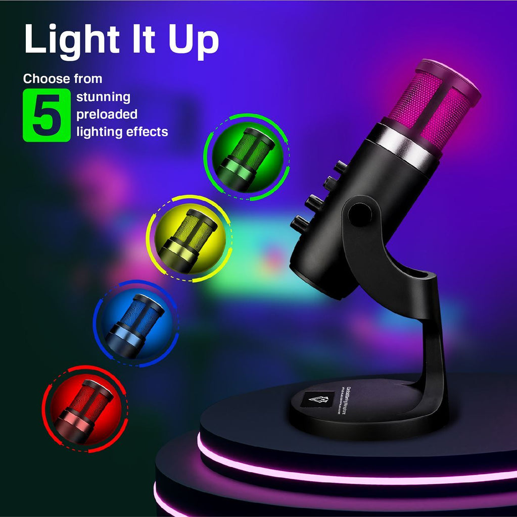 Vertux Cardioid Gaming Microphone 5 Mode RGB LED Light One Touch