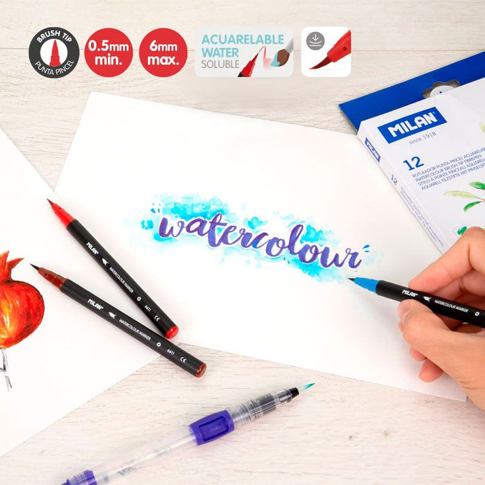 Milan Brush Tip Watercolour Markers, Assorted, Pack of 12