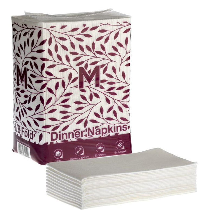 1 Ply 1/8 Fold Linen Look Dinner Napkins 400mm x 400mm - 10 Packs x 50 Sheets (500 Napkins) - White MPH38485