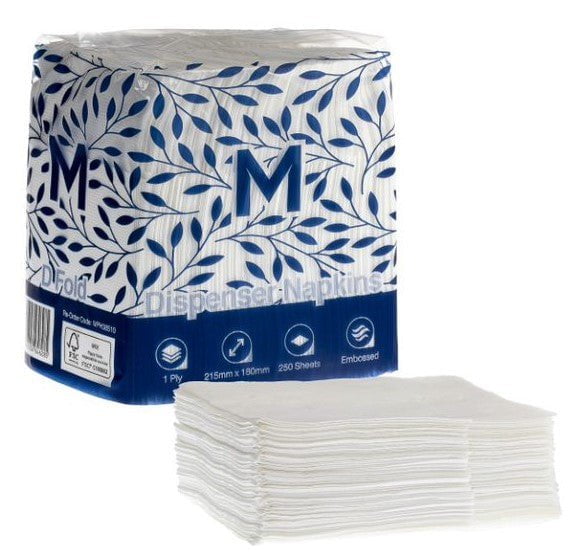 1 Ply Compact Dispenser Napkins 180mm x 215mm - 20 Packs x 250 Sheets (5000 Napkins) - White MPH38510