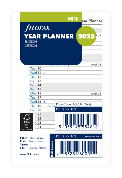 2025 Filofax Mini Refill Classic Year Planner, Vertical, 67mm x 105mm