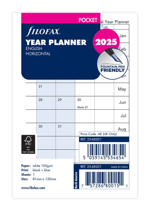 2025 Filofax Pocket Refill Year Planner, Horizontal, 81mm x 120mm