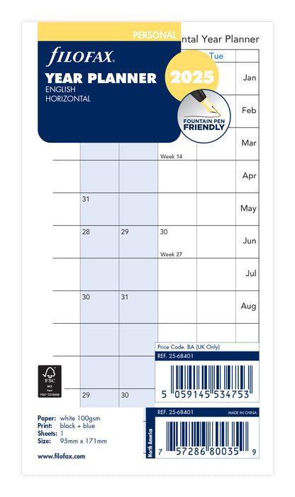 2025 Filofax Personal Refill Year Planner, Horizontal, 95mm x 171mm