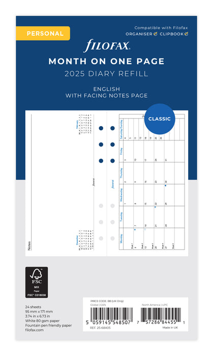 2025 Filofax Personal Refill Classic, Month To A Page With Notes, 95mm x 171mm