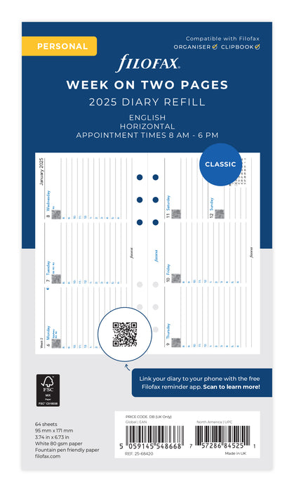 2025 Filofax Personal Refill Classic, Week To View With Appointments, Landscape, 95mm x 171mm