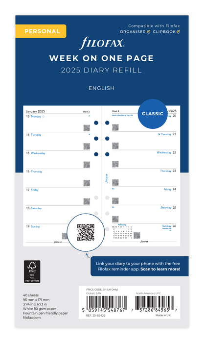 2025 Filofax Personal Refill Classic, Week Per Page, 95mm x 171mm