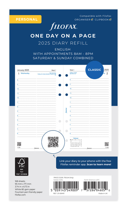 2025 Filofax Personal Refill Classic, Day Per Page With Appointments, 95mm x 171mm