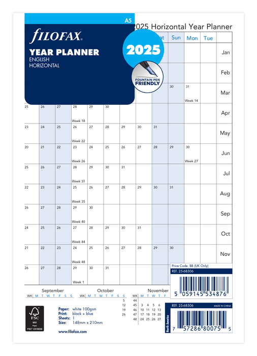 2025 Filofax A5 Refill Year Planner, Horizontal, 148mm  x 210mm