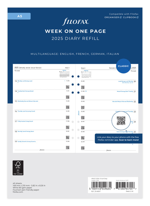 2025 Filofax A5 Refill Classic, Week Per Page, 148mm x 210mm