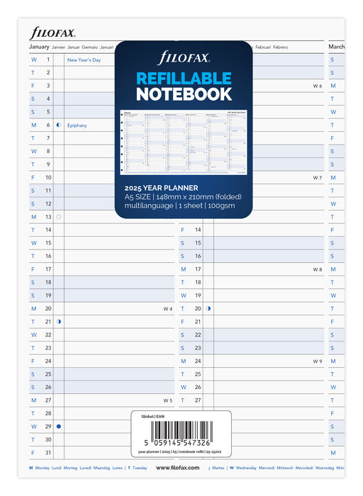 2025 Filofax A5 Refill Notebook Year Planner, 148mm x 210mm