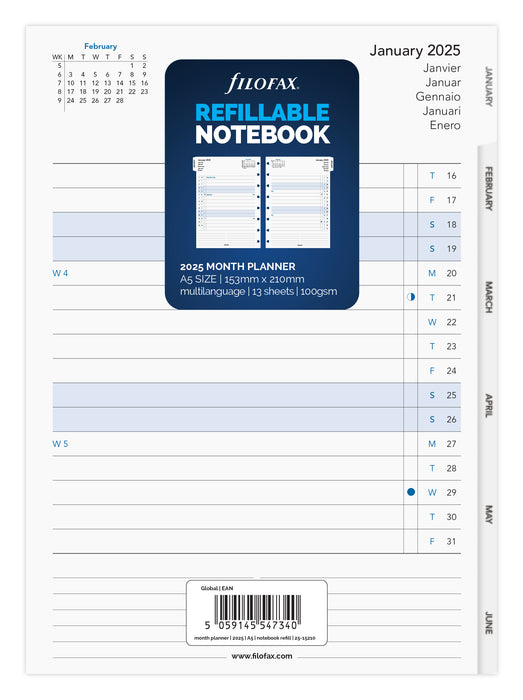 2025 Filofax A5 Refill Notebook Monthly Diary Planner, 148mm x 210mm