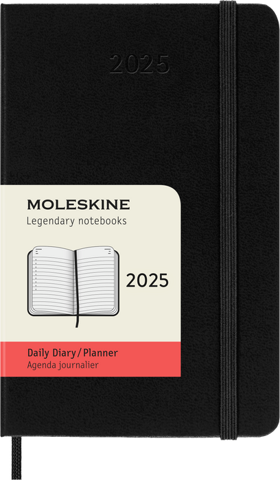 2025 Moleskine 90mm x 140mm Hard Cover Pocket Diary, Day Per Page, Black