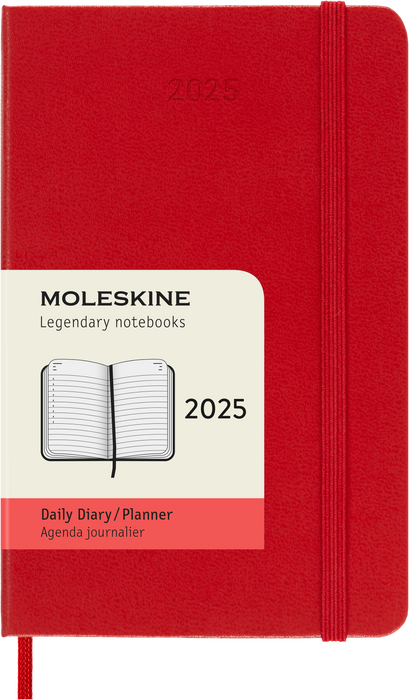 2025 Moleskine 90mm x 140mm Hard Cover Pocket Diary, Day Per Page, Scarlet Red