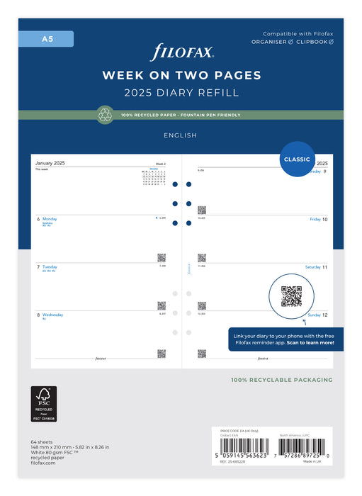 2025 Filofax A5 Refill, Recycled, Week to View Diary, 148mm x 210mm