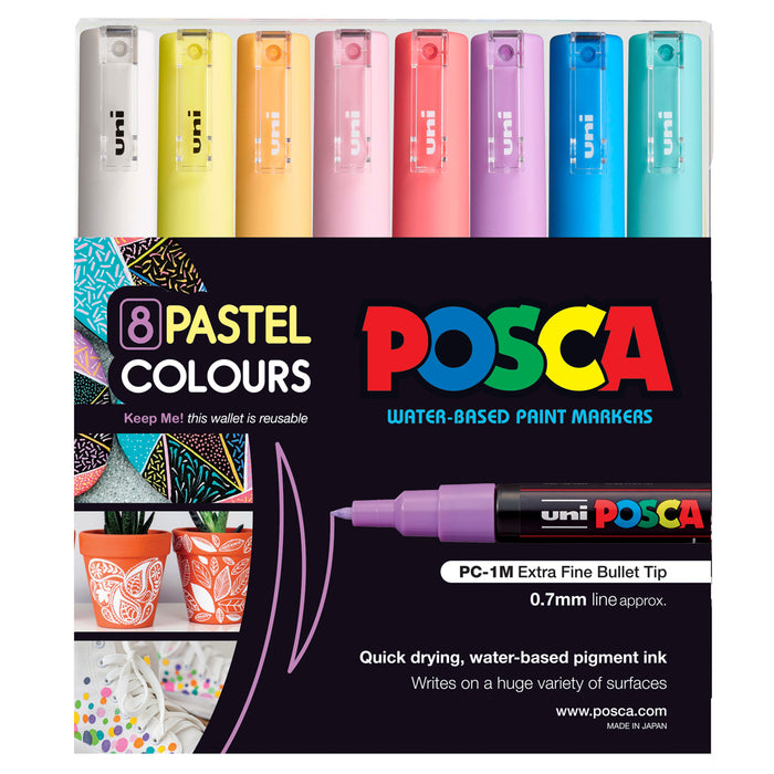 Uni Posca Paint Marker Set, PC-1M, Set of 8 Markers, Assorted Colours, Extra Fine Tip, 0.7mm (PC1MSC8C)