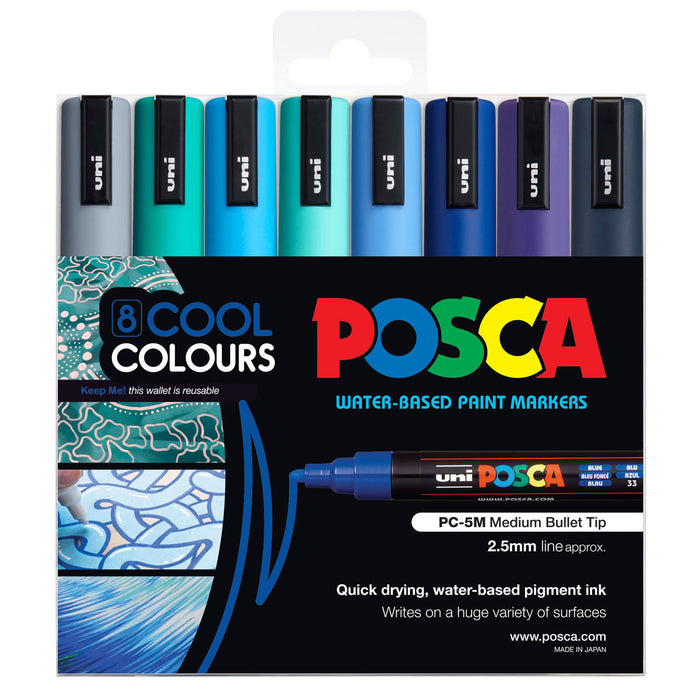 Uni Posca Paint Marker Set, PC-5M, Set of 8 Markers, Assorted Cool Colours, Medium Bullet Tip, 1.8-2.5mm (PC5MCC8C)