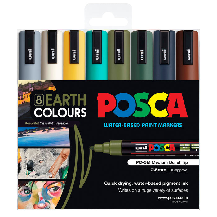 Uni Posca Paint Marker Set, PC-5M, Set of 8 Markers, Assorted Earthm Colours, Medium Bullet Tip, 1.8-2.5mm (PC5MEC8C)