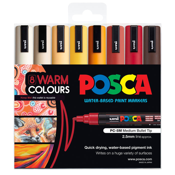 Uni Posca Paint Marker Set, PC-5M, Set of 8 Markers, Assorted Warm Colours, Medium Bullet Tip, 1.8-2.5mm (PC5MWC8C)