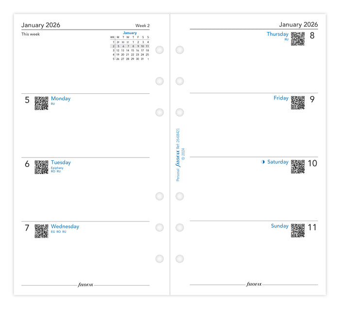 2026 Filofax Classic Refill, Week To View, Personal, 95mm × 171 mm