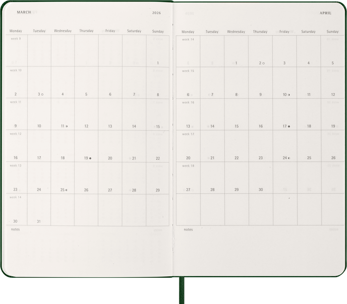 2026 Moleskine Diary 12 Month Weekly + Notes, Hard Cover, Myrtle Green, Large 130mm × 210mm