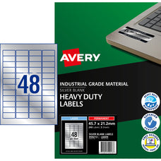 Avery L6009 Heavy Duty ID Label, 47.5mm x 21.2mm, Silver, Laser Printable, 48's x 5 Sheets
