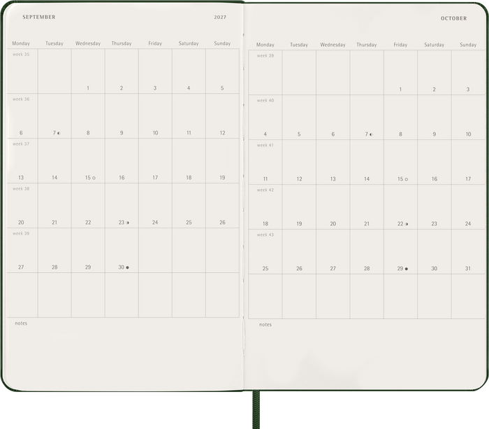 2027 Moleskine 12 Month Daily Hard Cover Diary Large 130mm x 210mm Myrtle Green