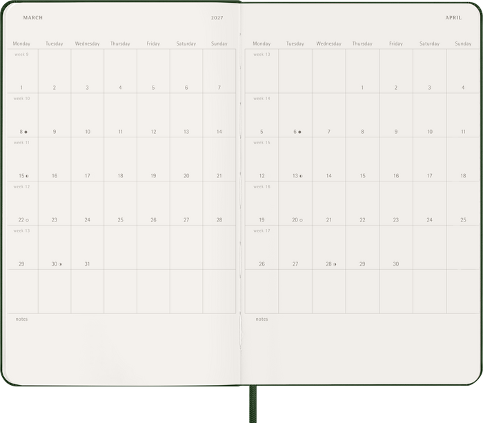 2027 Moleskine 12 Month Weekly + Notes Hard Cover Diary Large 130mm x 210mm Myrtle Green
