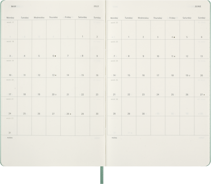 2027 Moleskine 12 Month Weekly + Notes Hard Cover Diary Large 130mm x 210mm Sage Green