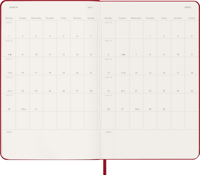 2027 Moleskine 12 Month Weekly + Notes Hard Cover Diary Large 130mm x 210mm Scarlet Red