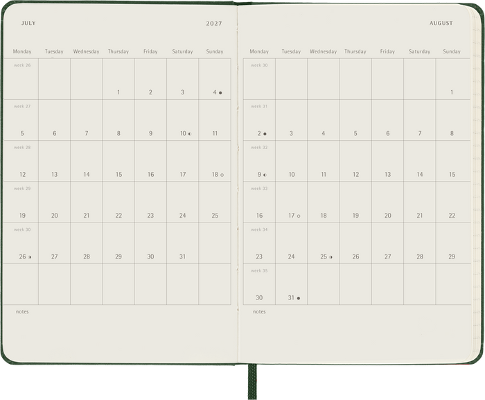 2027 Moleskine 12 Month Weekly + Notes Hard Cover Pocket Diary 90mm x 140mm Myrtle Green