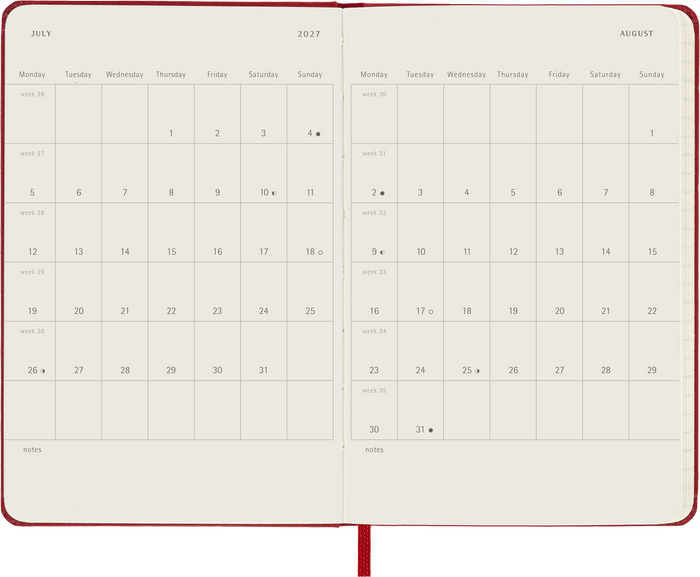 2027 Moleskine 12 Month Weekly + Notes Hard Cover Pocket Diary 90mm x 140mm Scarlet Red