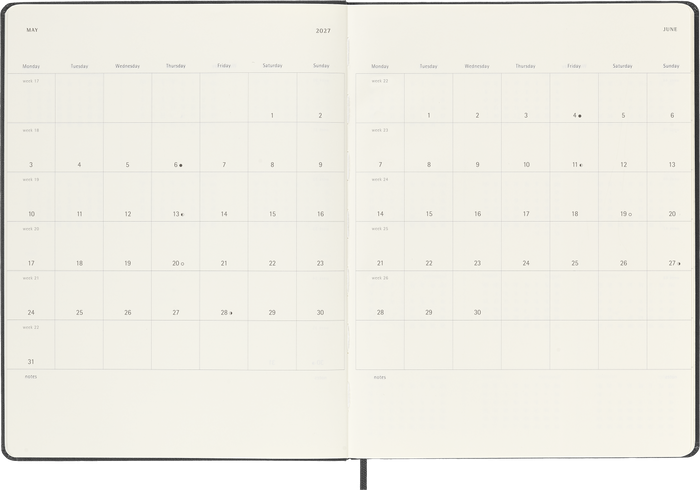 2027 Moleskine 12 Month Weekly + Notes Hard Cover Diary XL 190mm x 250mm Black