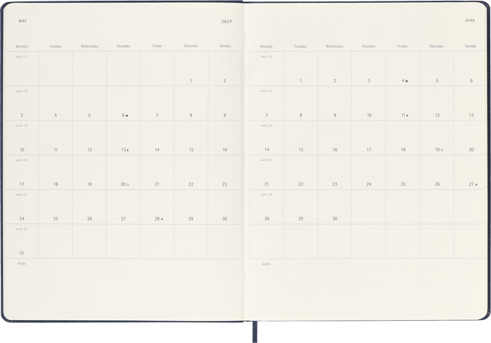 2027 Moleskine 12 Month Weekly + Notes Hard Cover Diary XL 190mm x 250mm Sapphire Blue
