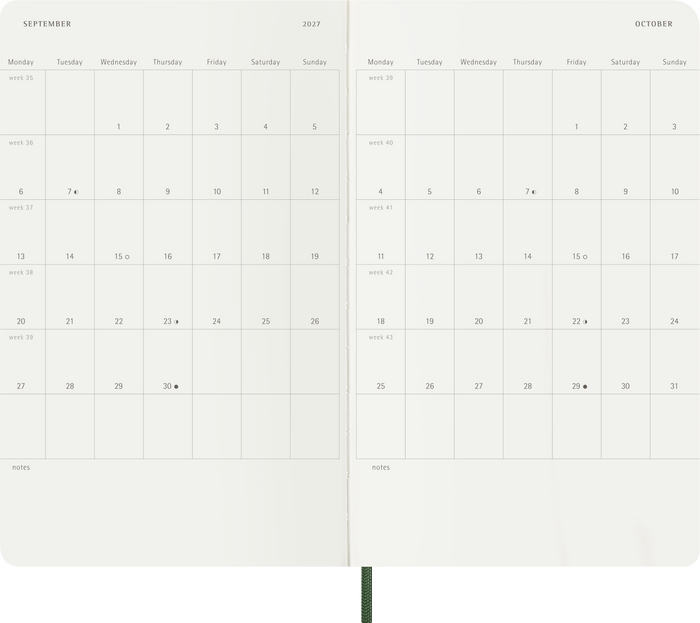 2027 Moleskine 12 Month Weekly + Notes Soft Cover Diary Large 130mm x 210mm Myrtle Green