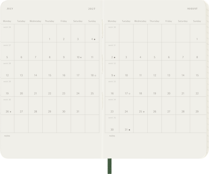 2027 Moleskine 12 Month Weekly + Notes Soft Cover Pocket Diary 90mm x 140mm Myrtle Green