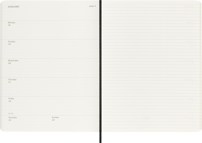 2027 Moleskine 12 Month Weekly + Notes Soft Cover Diary XL 190mm x 250mm Black