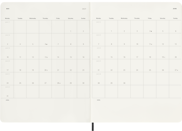 2027 Moleskine 12 Month Weekly + Notes Soft Cover Diary XL 190mm x 250mm Black