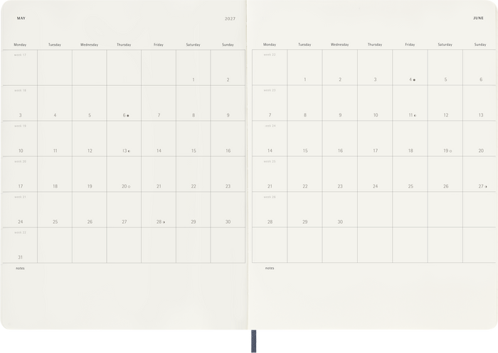 2027 Moleskine 12 Month Weekly + Notes Soft Cover Diary XL 190mm x 250mm Sapphire Blue
