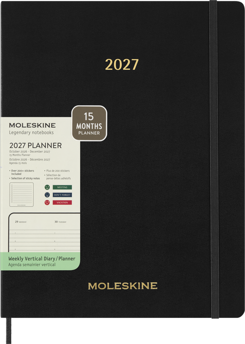 2027 Moleskine Essential 13 Month Soft Cover Vertical Weekly Planner XXL 216mm x 279mm Black