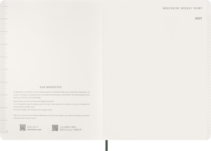 2027 Moleskine Essential 13 Month Soft Cover Vertical Weekly Planner XXL 216mm x 279mm Myrtle Green