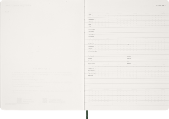 2027 Moleskine Essential 13 Month Soft Cover Vertical Weekly Planner XXL 216mm x 279mm Myrtle Green