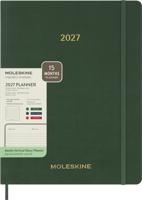 2027 Moleskine Essential 13 Month Soft Cover Vertical Weekly Planner XXL 216mm x 279mm Myrtle Green