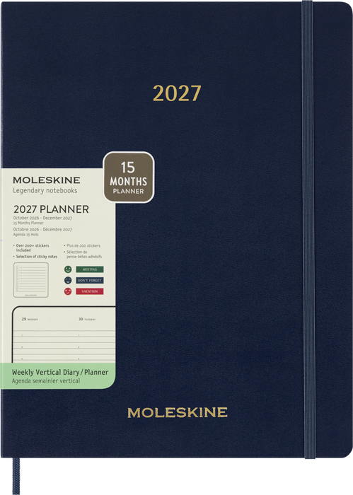 2027 Moleskine Essential 13 Month Soft Cover Vertical Weekly Planner XXL 216mm x 279mm Sapphire Blue