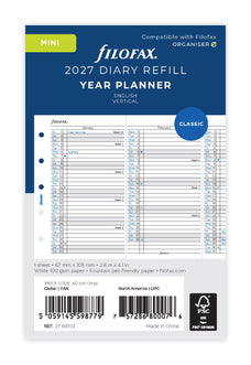 2027 Filofax Mini Classic Year Planner Refill, Vertical, 67mm x 105mm