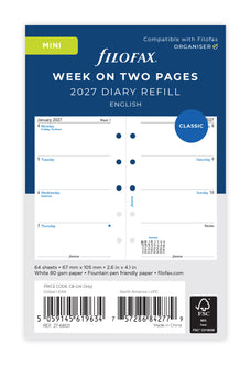 2027 Filofax Mini Classic Week to View Refill, Vertical, 67mm x 105mm