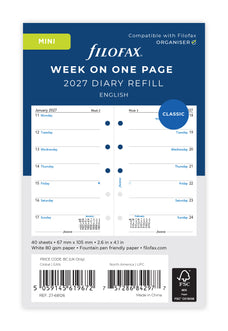 2027 Filofax Mini Classic Week per Page Refill, Vertical, 67mm x 105mm