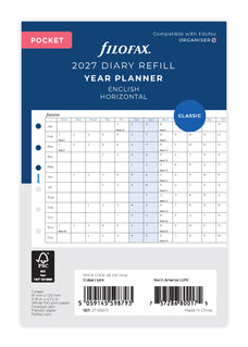2027 Filofax Pocket Year Planner Refill, Horizontal, 81mm x 120mm