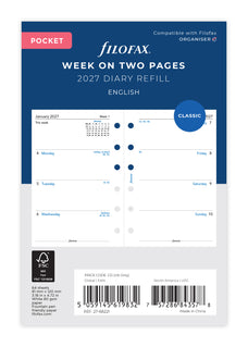 2027 Filofax Classic Pocket Refill, Week To View, 81mm x 120mm