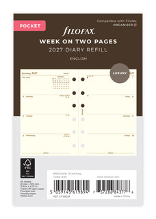 2027 Filofax Classic Pocket Refill, Week To View, Cotton Cream, 81mm x 120mm